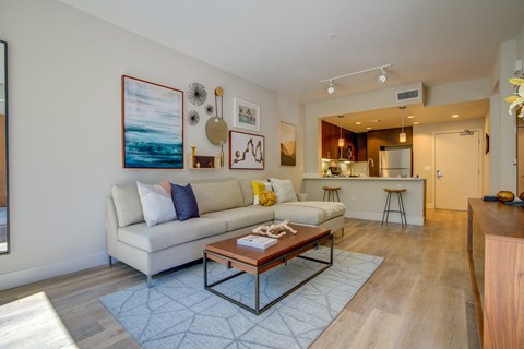 a living room with a couch and a coffee table